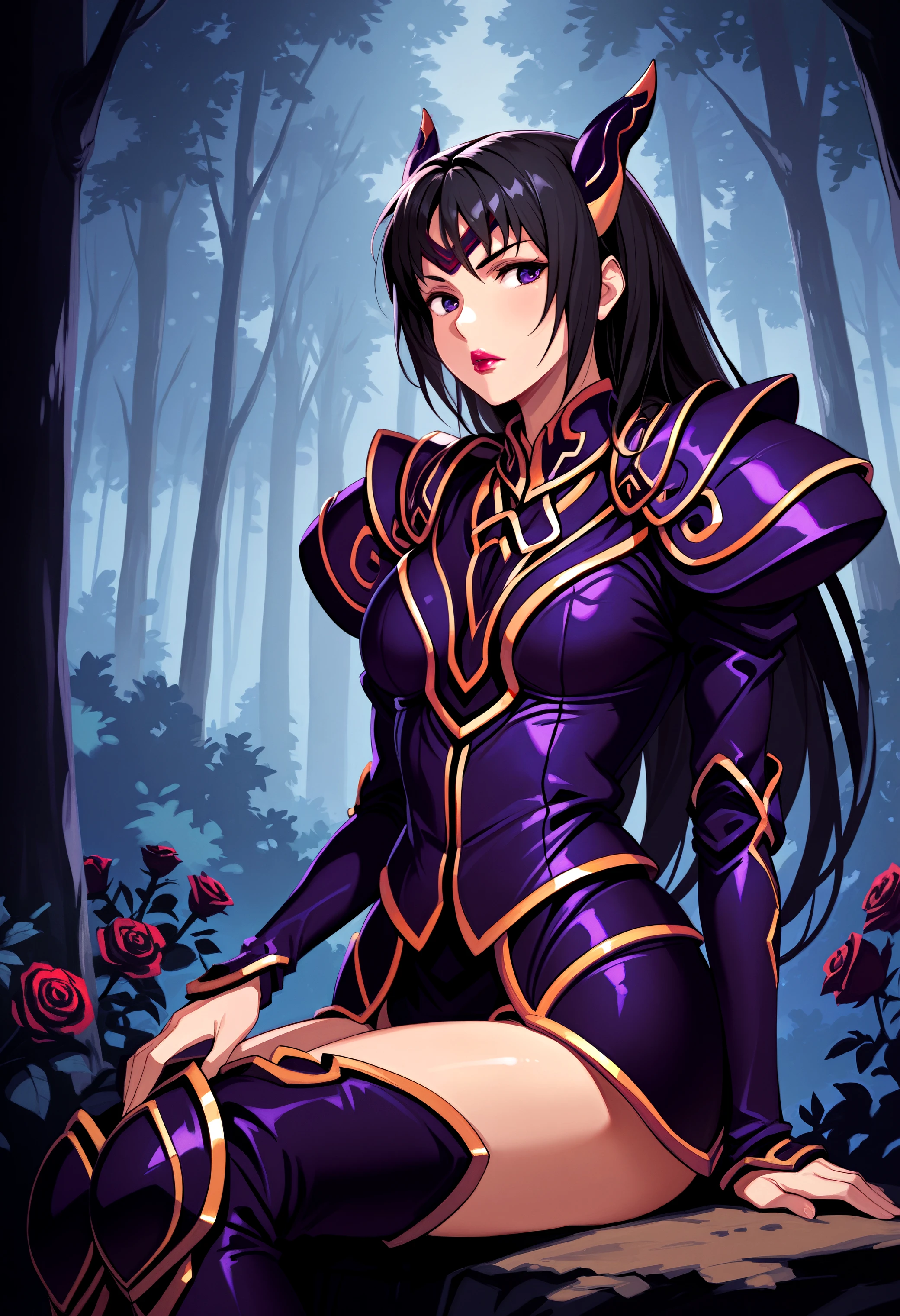 score_9, score_8_up, score_7_up, 8k, masterpiece,  <lora:Rose_The_Legend_of_Dragoon-000003>, Rose_(Dragoon), 1girl, solo, purple armor, black hair, lipstick, purple eyes, horns, long hair, sitting, forest,