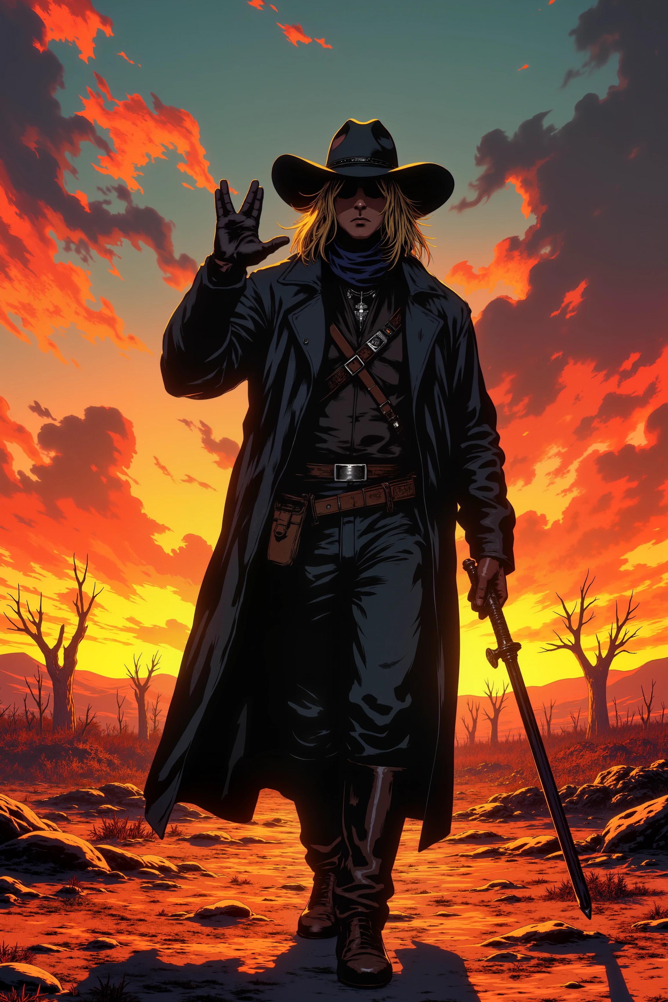 A lone wanderer in long black leather jacket and big black hat is walking in the postapocalyptic wasteland. He is giving a v-shaped vulcan salute hand gesture with fingers parted between the middle and ring finger and with extended thumb.Fantastic lighting. Detailed shadows.intricate details, vivid colors, hyper-detailed, ultra-sharp<lora:VULCANSALUTE_FLUX:1.3><lora:RetroAnimeFluxV1:0.5><lora:NeonFantasyFLUX:0.3>