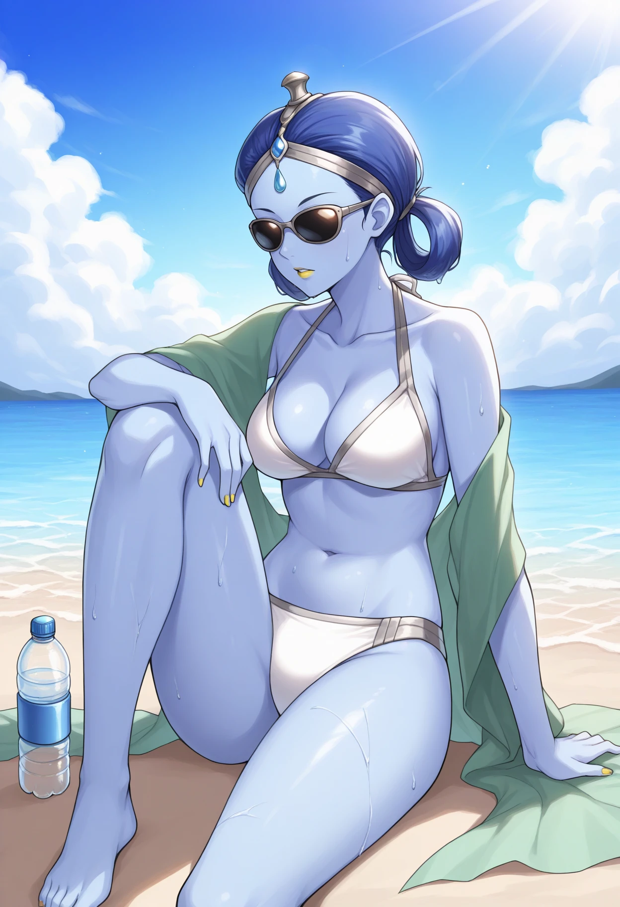 masterpiece, best quality, 1girl, sitting, knee up, arm support, looking afar, <lora:ApsarasSMT-illu:1> apsrs, blue hair, hair rings, tiara, forehead jewel, blue skin, yellow lips, parted lips, sunglasses, covered eyes, collarbone, cleavage, white bikini, navel, medium breasts, thighs, barefoot, green shawl, yellow nails, water bottle, wet, towel, beach, ocean, sunlight, cloud