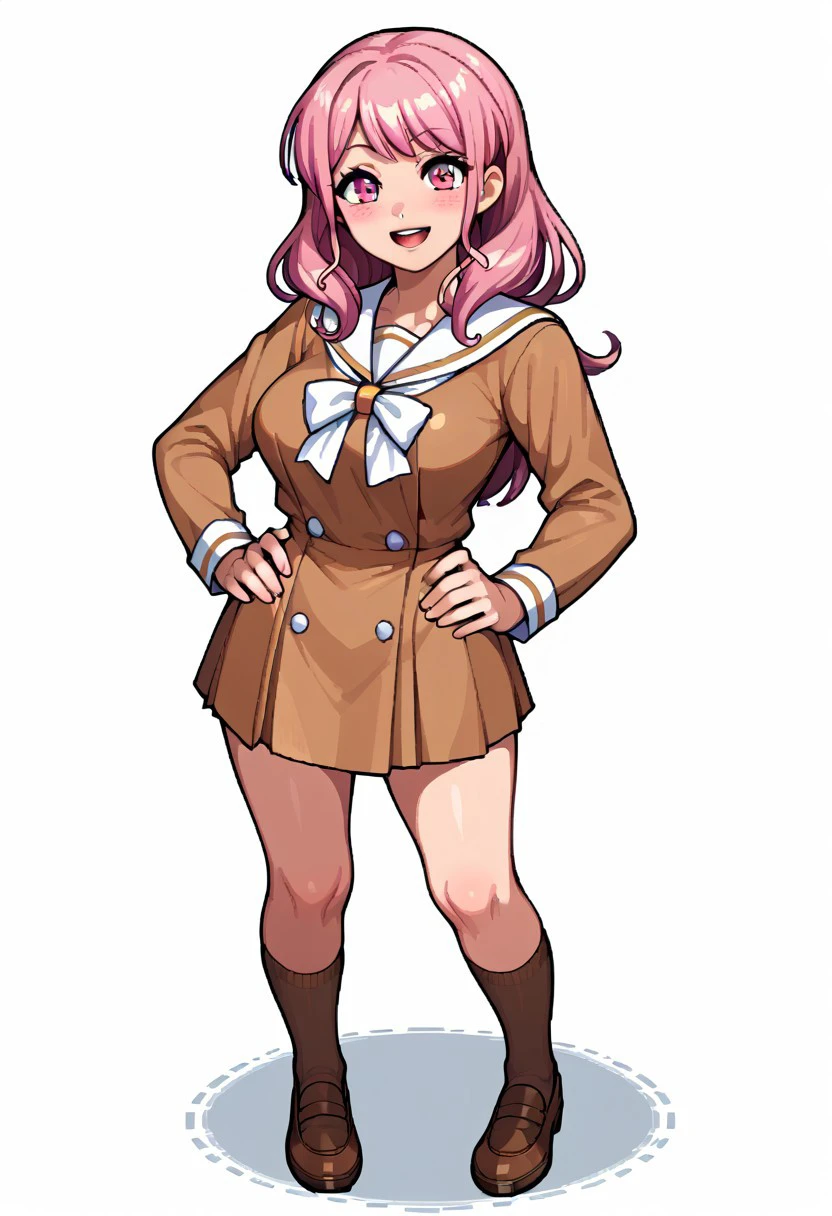 score_9, score_8_up, score_7_up, ,estilocps3,pixel art,128 bits,pixelation,1girl,alone,smile,shiny_clothes,shiny_skin,five fingers,1 girl,large breast, AyaMayurama,pink hair,pink eyes,long hair, hand on hip,blushing, open mouth, long sleeves, school uniform, sailor collar, buttons, sailor dress, white sailor collar, brown dress, pleated dress, hanasakigawa school uniform, short dress,brown socks,medium socks,shoes,,white background,full body