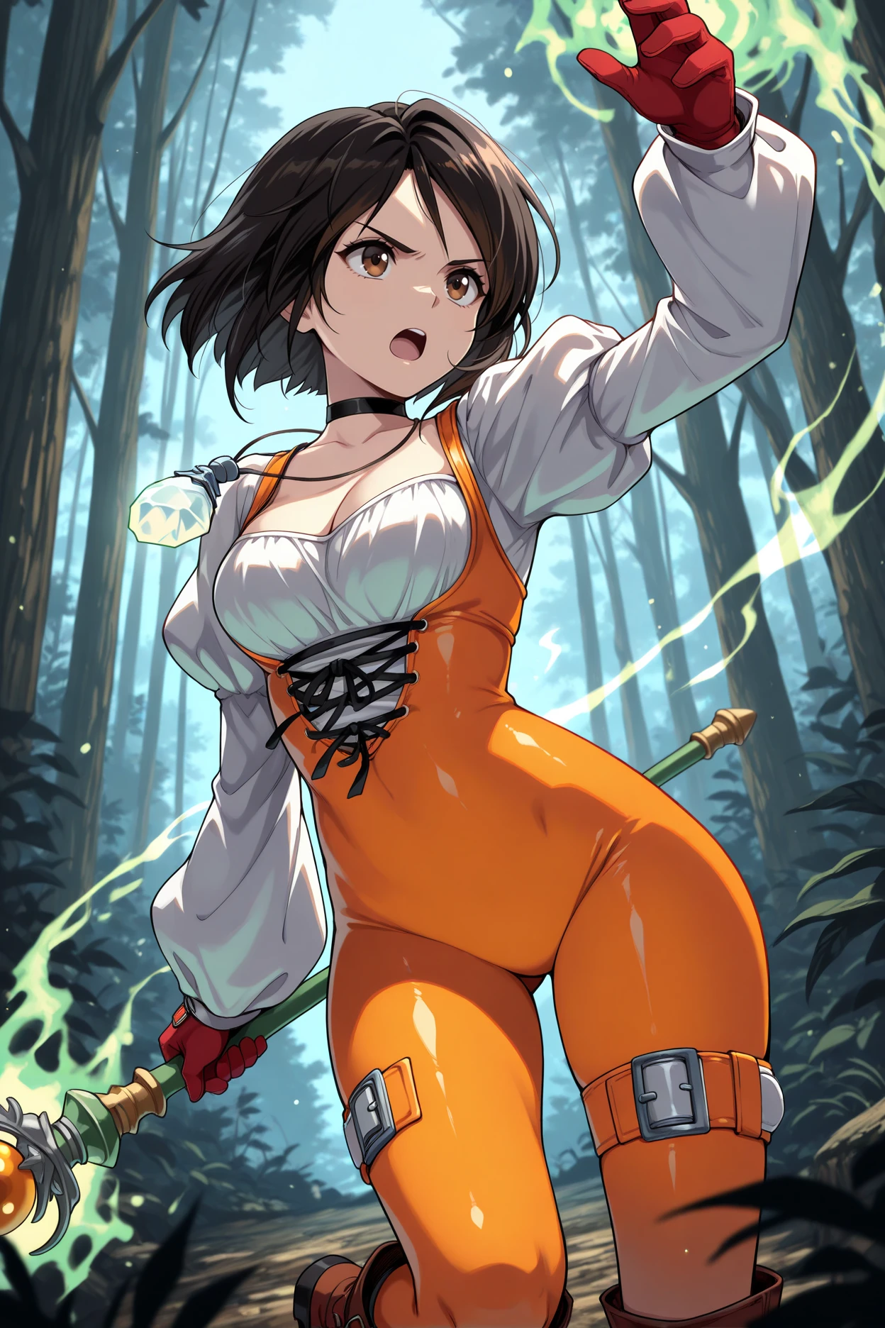 masterpiece, best quality, 1girl, solo, <lora:ffgarnet-illu-nvwls-v1_1-000007:1> ffixgarnet, black hair, brown eyes, short hair, pendant, black choker, orange bodysuit, cross-laced bodysuit, cleavage, white shirt, puffy sleeves, white sleeves, red gloves, thigh strap, brown boots, holding staff, forest, serious, open mouth, arm up, green magic