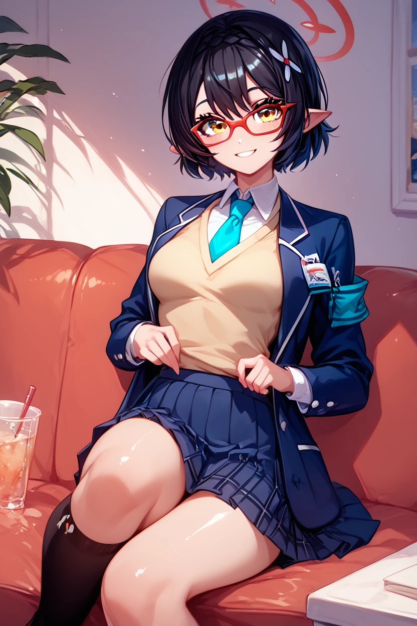 score_9, score_8_up, score_8, medium breasts, (curvy), cute, eyelashes,       ,,, , zzAyane, yellow eyes, black hair, short hair, glasses, halo school uniform, blue necktie, white shirt, blazer, sweater vest, skirt,   <lora:AyaneBluearchiveIXL:1.0>, , BREAK, ,,, smile, looking at viewer, blush, blurry, couch, sitting, ,,, shiny skin, <lora:ProAnime_PDXL_v1:0.7>, ,,, embedding:zPDXL, Expressiveh, <lora:SDXLFaeTastic2400:0.5>, <lora:Expressive_H-000001:0.4>,