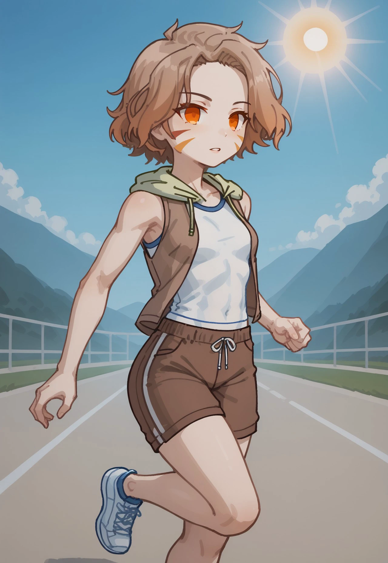 safe_pos, score_9, score_8_up, score_7_up, score_6_up,S6ARAGWOFFRGRD, brown hair, short hair, orange eyes, facial mark, brown unbuttoned hoodie, white shirt, brown shorts, 
white shoes, female focus, parted lips, slender, flat breasts, white
tank top, sleeveless, (blue track pants), outdoors, sun high in the sky,jogging,