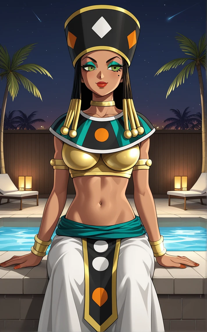 score_9, score_8_up, score_7_up, absurdres,soaking feet, pool, palm tree, outdoors, sitting, water, looking to the side, light smile, night, sidelighting, starry sky, neon lights, moonlight, cocktail, scenery, <lora:PONYXL_DragonBallSuper_Heles_ownwaifu_r2:1> BREAK MainOutfit_Heles_ownwaifu, 1girl, black hair, dark-skinned female, dreadlocks, eyelashes, green eyes, green eyeshadow, hair tubes, makeup, mole under eye, red lips, thick lips, dark skin, hat, gold, lipstick, jewelry, long hair, midriff, egyptian clothes, armlet, navel, egyptian, breasts, bracelet, bracer, crop top, choker, collarbone, large breasts, black headwear, long skirt, groin, white skirt, armor, braid, neck ring, yellow choker, <lora:add-detail-xl:0.15>,