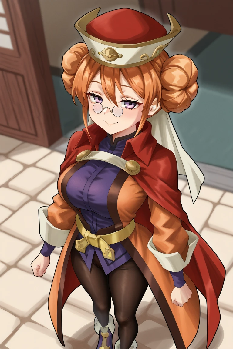 <lora:EudyIL:0.8>, eudef, 1girl, purple eyes, orange hair, double bun, doughnut hair bun, (pince-nez glasses), red cape, hat, veil, black leggings, orange coat, shirt under coat, purple shirt, yellow belt, purple shoes, half-closed eyes, happy, looking at viewer, large breasts, solo, masterpiece, very aesthetic, absurdres, best quality, amazing quality, high resolution, detailed background, <lora:illustrious_quality_modifiers_masterpieces_v1:0.8> ,