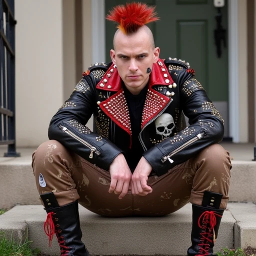 Punk clothes. This photograph captures a young man with a striking, punk-inspired look, sitting on a concrete step outside what appears to be a house. He has a shaved head with a prominent, brightly colored mohawk hairstyle. He is dressed in a black and red leather jacket adorned with various metal studs and pins, including a prominent skull design on the chest. His outfit is completed with brown, paint-splattered trousers and black, lace-up combat boots with red accents on the laces.   The man's facial expression is serious and slightly defiant, with a cigarette in his mouth. His hands are resting on his knees, and he is leaning back slightly, giving the impression of casual, laid-back confidence.