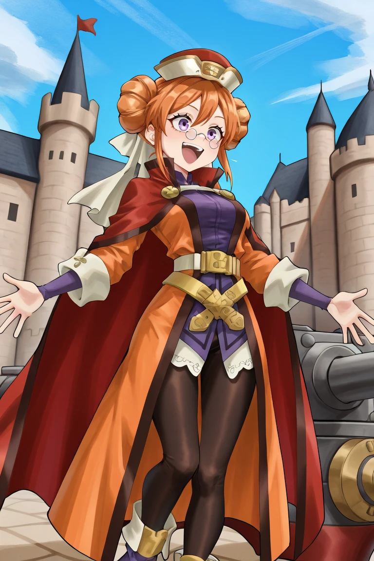 <lora:EudyIL:0.8>, eudef, 1girl, purple eyes, orange hair, double bun, doughnut hair bun, (pince-nez glasses), red cape, hat, veil, black leggings, orange coat, shirt under coat, purple shirt, yellow belt, purple shoes, cackling, laughing, (cannon), fortress, castle, ramparts, wild, solo, masterpiece, very aesthetic, absurdres, best quality, amazing quality, high resolution, detailed background, <lora:illustrious_quality_modifiers_masterpieces_v1:0.8> ,