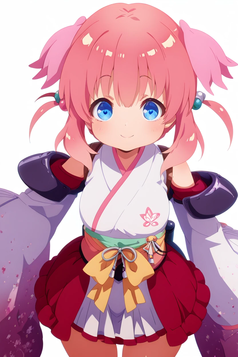 masterpiece, best quality, solo, curvy, beautiful eyes,zzHaizakura, blue eyes, pink hair, twintails, medium hair,    hair ornament, japanese clothes, kimono, detached sleeves, bare shoulders, white kimono, hair bobbles, <lora:Haizakura_PrimaDoll_IXL:1.0>, from above, dynamic pose, cowboy shot, smile, looking at viewer, shiny skin,<lora:HaradaTakehitoIXL_v3:1.3>, <lora:ZankuroIXLLight_v2:0.6>,