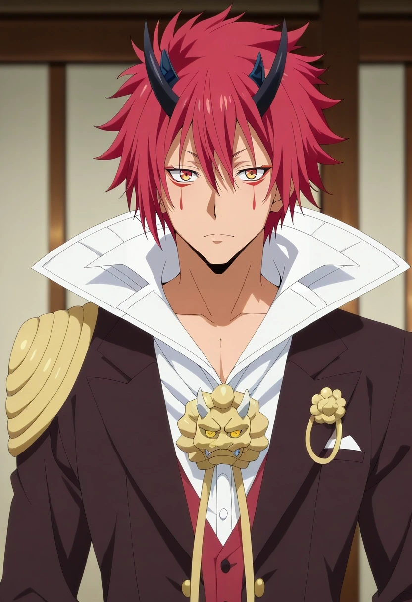 masterpiece, best quality, intricate details, anime screencap, anime coloring, official style, looking at viewer, depth of field, 1boy, solo, male focus, <lora:benimaru_tensura_ilxl:0.92>, benimaru_tensura, red hair, yellow eyes, hair between eyes, horns, oni horns, facial mark, , butler costume