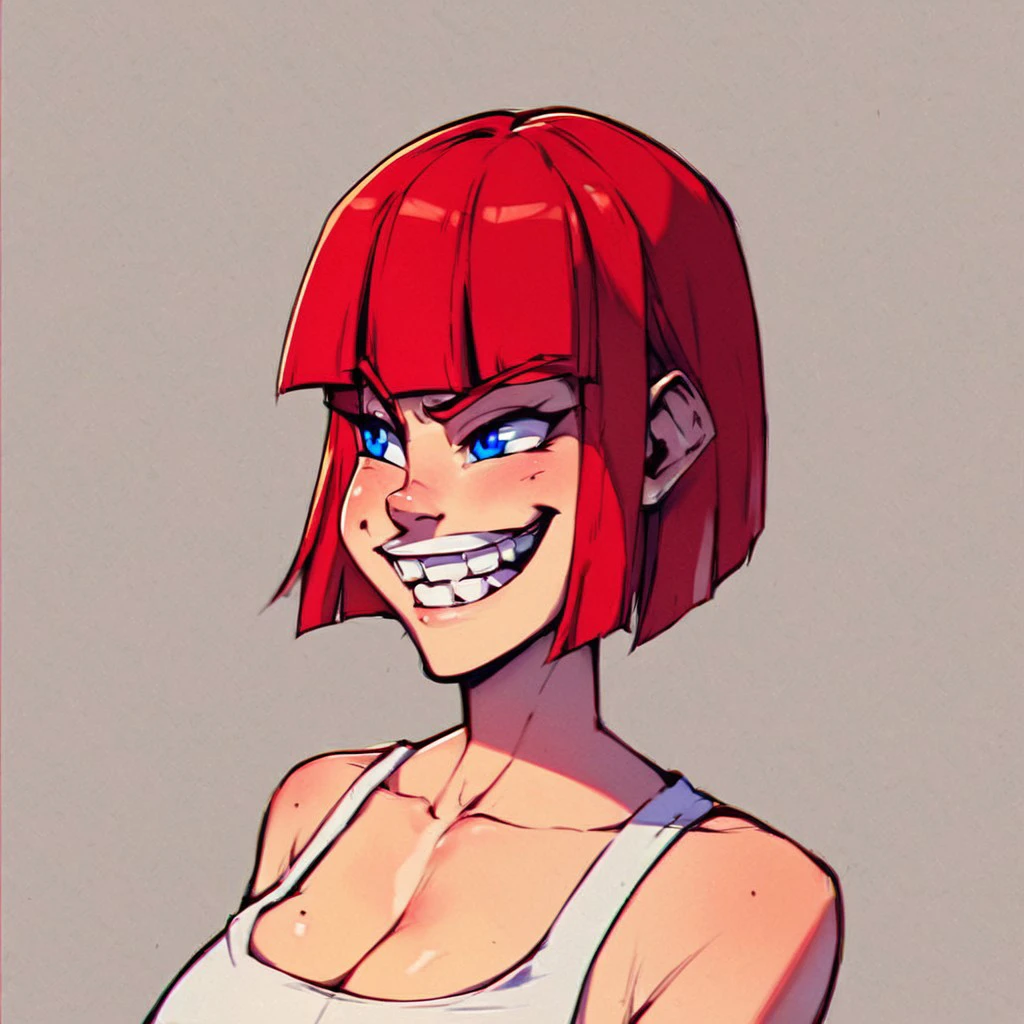 Nimona, Red hair, ahegao, ((red bandeau bikini)), tilt your head, cowboy shot, coxas nuas, 1 girl, alone, salient smile, gazing at viewer, whole body, poses photos, best qualityer, no flaws