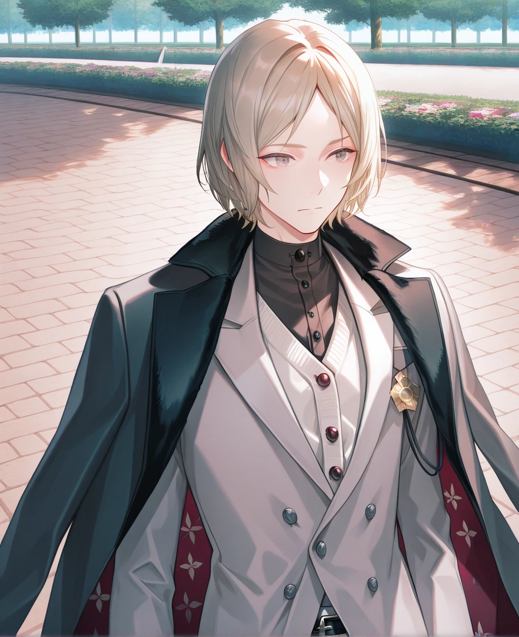 artist:gomzi,artist:wanke,artist:diyokama, rei_(sanbonzakura),[[artist:fuzichoco]],year 2023, 
1boy, solo,
minezawa izuru, grey eyes, blonde hair, short hair, black shirt, white vest, grey blazer, medal, fur-trimmed coat, black coat, two-sided coat, flower print, coat on shoulders, belt, 
upper body, park, 