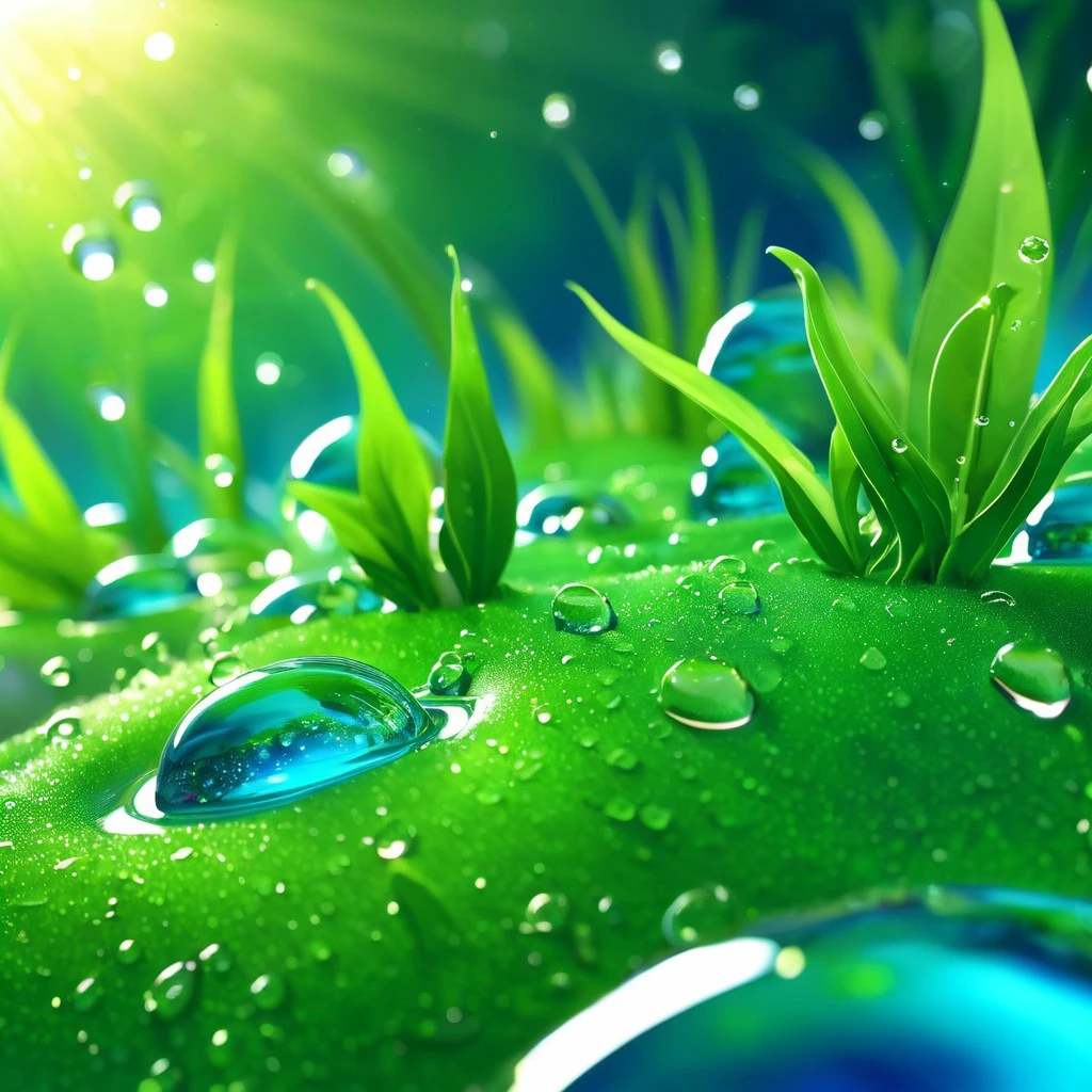 green plant planet,background,green and blue,sunlight,Clear details,water drops float on the air,Shining with radiance,Shining with radiance,A mysterious world full of fantasy colors,Cartoon texture of plants,High definition rendering style of liquid elements