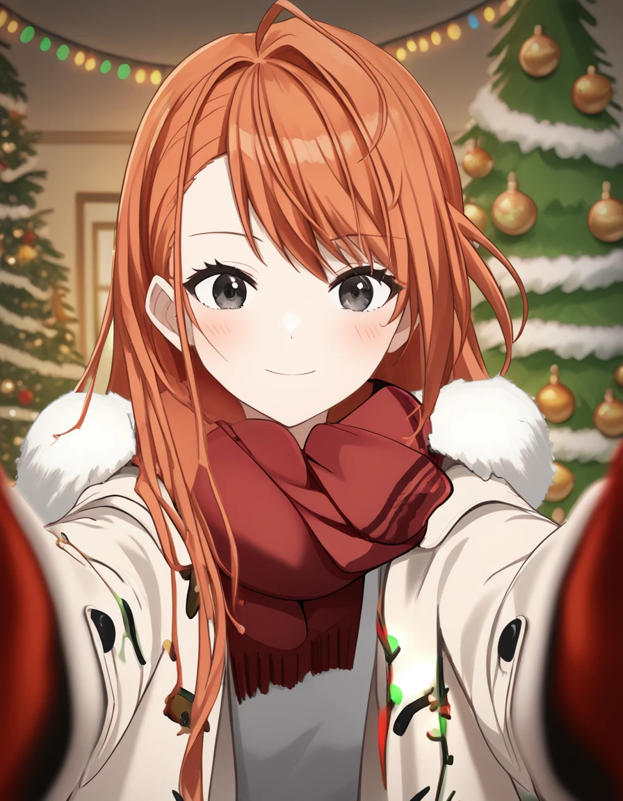 score_9, score_8_up, score_7_up, source_anime, <lora:natsuna-arisugawa-s2-ponyxl-lora-nochekaiser:1>, natsuha arisugawa, long hair, bangs, ahoge, red hair, orange hair, black eyes, medium breasts,, <lora:pov-cheek-warming-ponyxl-lora-nochekaiser:1>, pov cheek warming, pov cheek warming (meme), winter gloves, duffel coat, fur-trimmed scarf, winter clothes, red mittens, meme, winter coat, red scarf, fur-trimmed coat, reaching towards viewer, reaching, mittens, fur-trimmed hood, white coat, open coat, scarf, coat, red gloves, snowing, pov, fur trim, depth of field, smile, blush,, christmas, christmas tree, christmas lights,, , dutch angle, cowboy shot