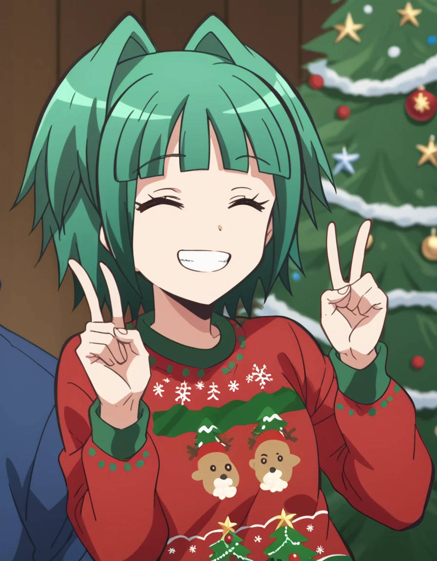score_9, score_8_up, score_7_up, source_anime, <lora:kaede-kayano-s1s2-ponyxl-lora-nochekaiser:1>, kaede kayano, short hair, bangs, brown eyes, yellow eyes, green hair, hair intakes, anime screencap,, <lora:christmas-sweater-ponyxl-lora-nochekaiser:1>, christmas sweater, christmas, ugly sweater, print sweater, red sweater, christmas tree, christmas ornaments, sweater, multicolored sweater, , v, smile, hands up, teeth, closed eyes, cowboy shot,, , dutch angle, cowboy shot