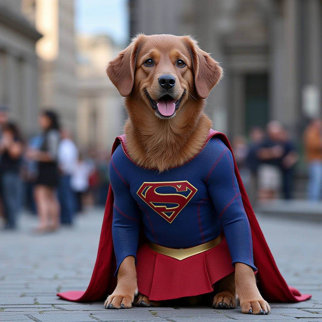 photo picturing a dog dressed in red and blue sg outfit shirt cape belt skirt