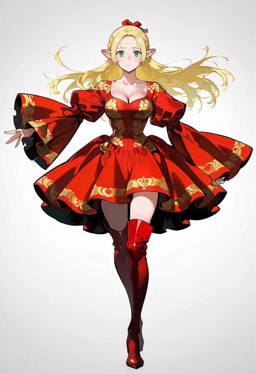 1girl,solo,looking at viewer,ikeda ruriko,silk red dress, wide sleeves, thigh boots, marcille_donato