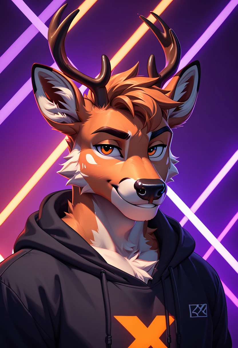 Masterpiece, score_9, score_8_up, beautifully detailed, male, anthro, furry, deer, black hoodie,  (lines_light_background:1.2), gradient orange to purple background, white neon line background, <lora:line_background:1>,  dark, smirk, dynamic background, revealing chest