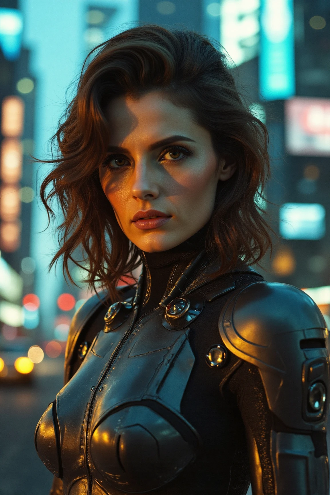 a striking brunette woman, stands confidently in a futuristic cityscape at sunset. Soft, even lighting casts a warm glow on her features, accentuating the intricate details of her cybernetic robot attire. Her face, a masterwork of precision and beauty, is framed by medium-length portrait proportions. Eyes gleam with intensity as she surveys the neon-lit metropolis behind her, where towering skyscrapers and holographic advertisements blur into a futuristic haze.,stanaflx