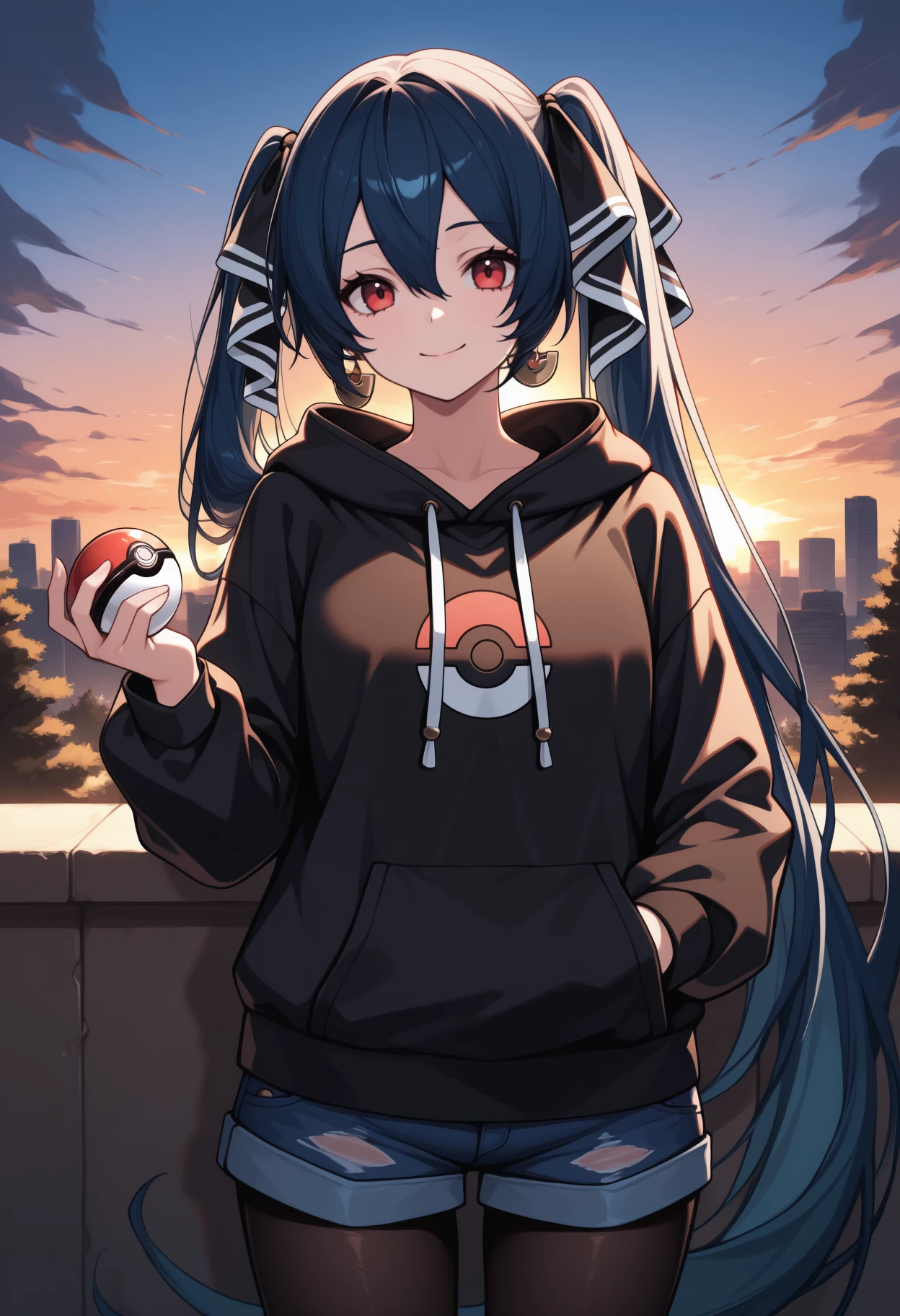masterpiece, best quality, cowboy shot, solo, 1girl, d4rkm1ku, smile, looking at viewer, standing, hand in pocket, holding poke ball, poke ball \(basic\), long hair, blue hair, hair between eyes, uneven twintails, hair ribbon, two-tone ribbon, black ribbon, white ribbon, red eyes, black hoodie, hood down, drawstring, long sleeves, blue shorts, denim shorts, black pantyhose, outdoors, sunset, cloud, cityscape, tree, sunlight
<segment:yolo-Anzhc Face seg 640 v2 y8n.pt,0.4,0.5//cid=1>