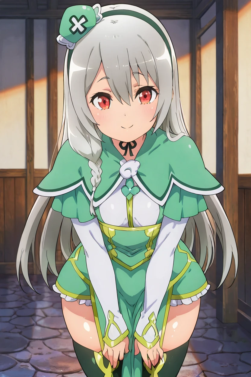 masterpiece, best quality, solo, curvy, beautiful eyes,zzMaidena, red eyes, hair between eyes, grey hair, long hair  hairband, boots, frills, black thighhighs, capelet, thigh boots, green dress, green headwear,  <lora:Maidena_FutokuNoGuild_IXL:1.0>, , cowboy shot, leaning forward, smile, looking at viewer, shiny skin,