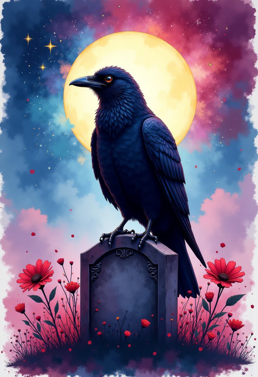 "Coloful Ink splash art style of a crow in a graveyard. Perched on tombstone. Starry night sky, Flowers, fog. Colorful inksplash background.