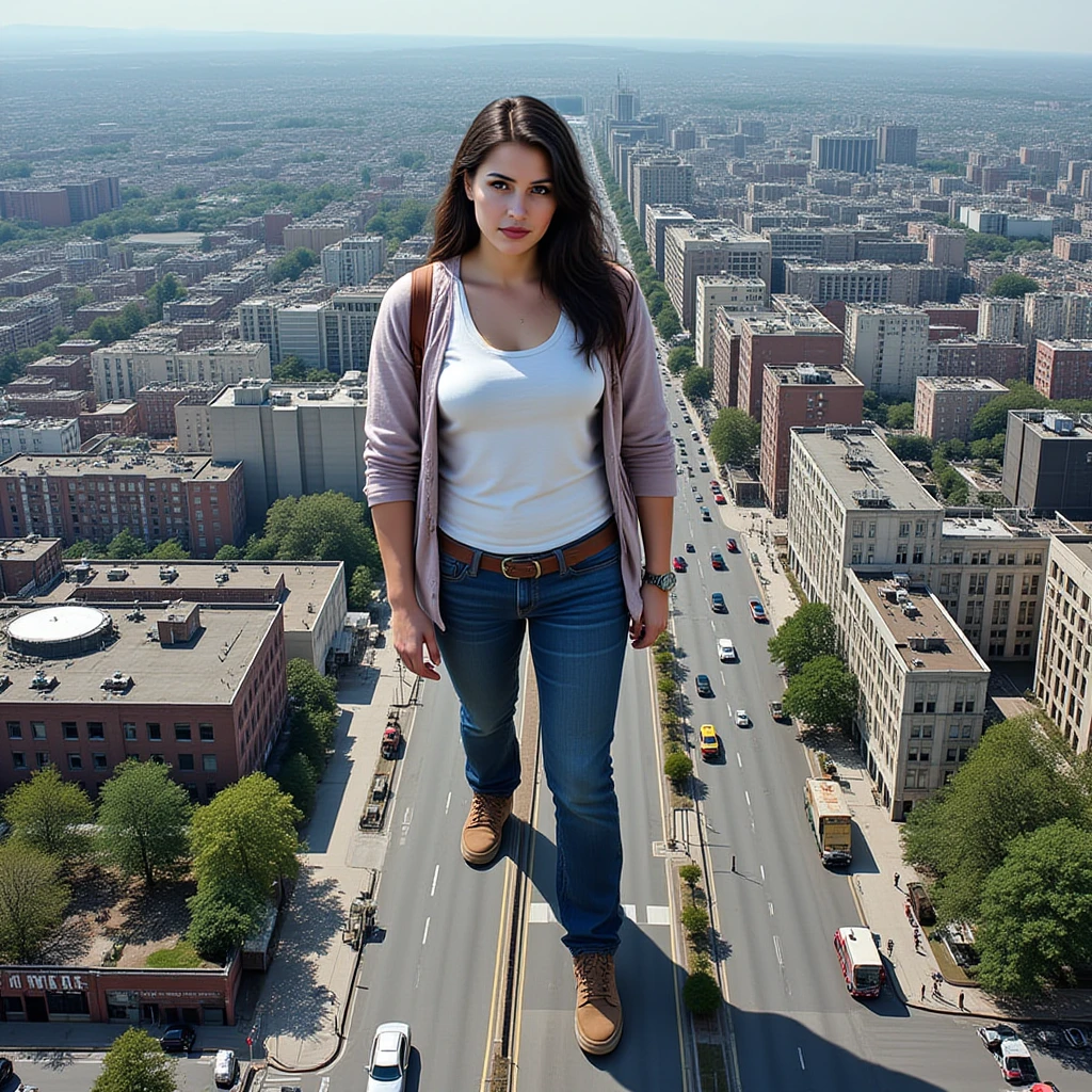 photo, a giant-sized woman can be seen amongst a citycape from far away. she is extremely tall, dwarfing her surroundings easily. she is dressed in casual clothes and the photo is from a wide-angle perspective from above emphasizing her giant size compared to her tiny surroundings.