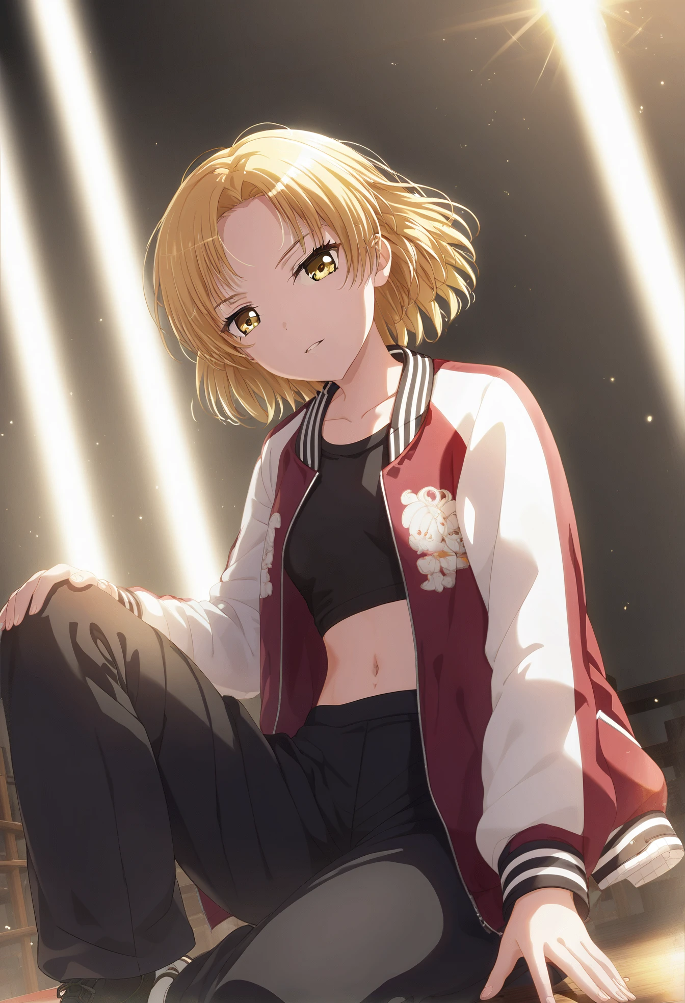 score_9,score_8_up,score_7_up,source_anime,
<lora:MASKING:1>,maiden,
MASKING,
NORMAL-A,blonde hair,yellow eyes,jacket,navel,open clothes,short hair,open jacket,collarbone,midriff,red jacket,shirt,black shirt,long sleeves,pants,black pants,baggy pants,socks,shoes,
wallpaper,absurdres,masterpiece,a slim figure,looking at viewer,kneel on one knee,
stage,(spotlight:1.1),cinematic_angle,