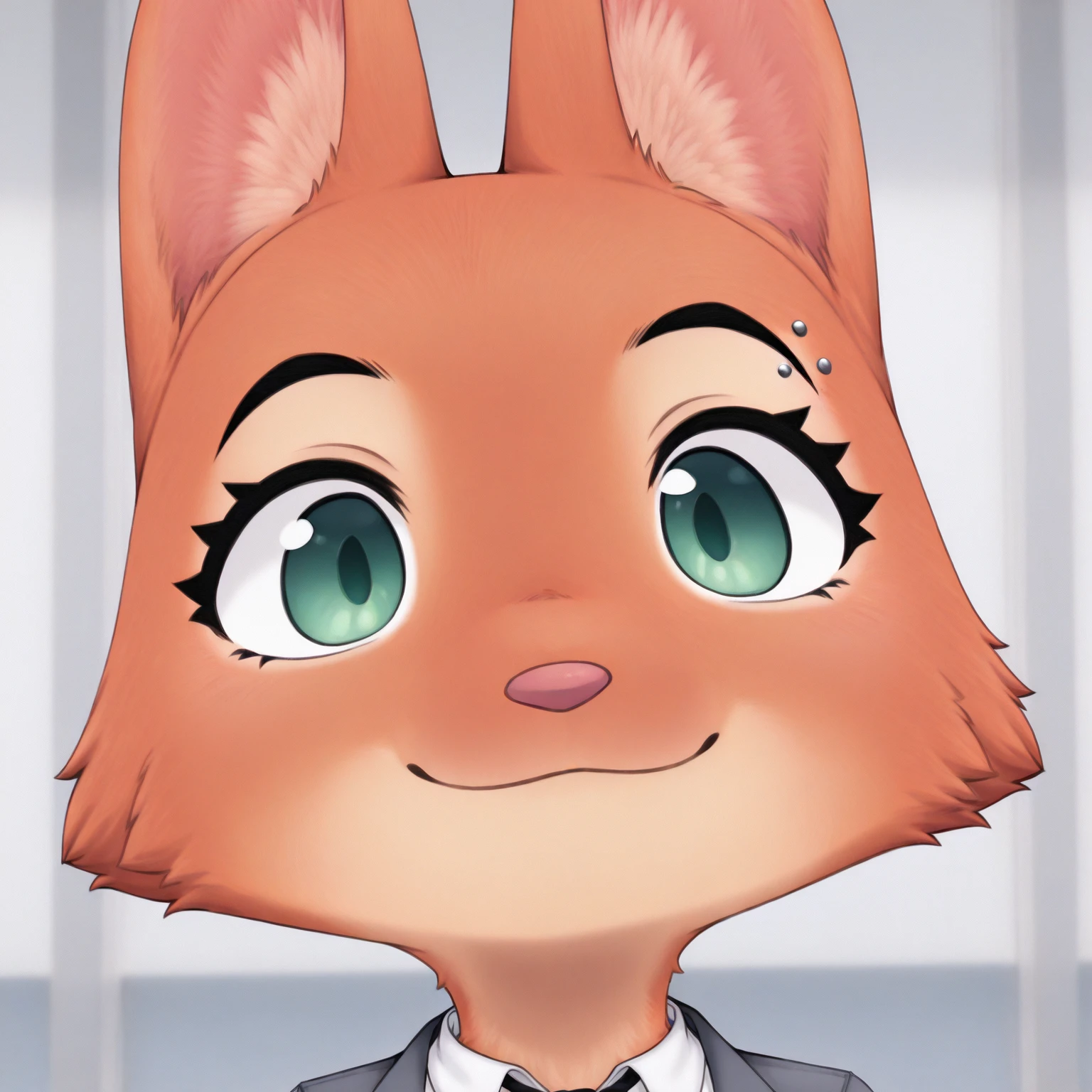 Diane_Foxington, solo, ginger fur, emerald eyes, eyebrow piercing, mutsukiface, chibi, portrait, close-up, smile, :3, closed mouth, white shirt, black tie, grey jacket
 <lora:meme_mutsukiface_illustriousXL:1>
 <lora:Diane_Foxington_illustriousXL:0.8>