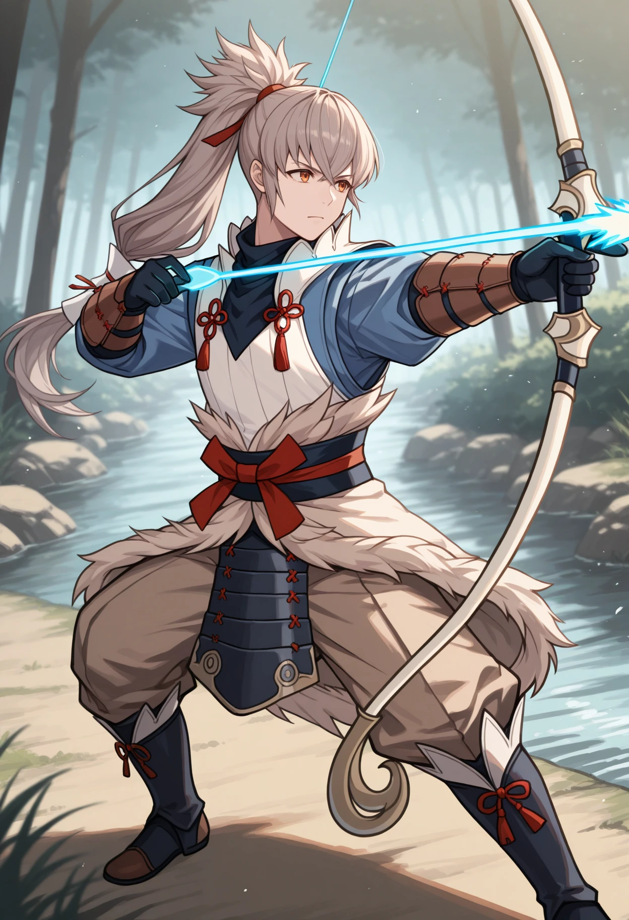 masterpiece, best quality, 1boy, serious, looking afar, holding bow \(weapon\), arrow \(projectile\), yumi \(bow\), fighting stance, <lora:TakumiFE-illu:1> dfTaku, grey hair, ponytail, long hair, red hair ribbon, orange eyes, japanese clothes, black neckerchief, white vest, high collar, blue shirt, sash, fur trim, brown vambraces, black gloves, armor, beige skirt, brown pants, baggy pants, boots, forest, river