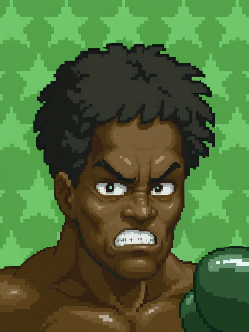 <lora:PonyXL_-_SNES_Super_Punch_Out_Portraits:0.75> super_punch_out_portrait, star_patterned_background, boxing glove, green boxing gloves, mr sandman, black hair, short hair, frown, teeth, dark skin, green background,