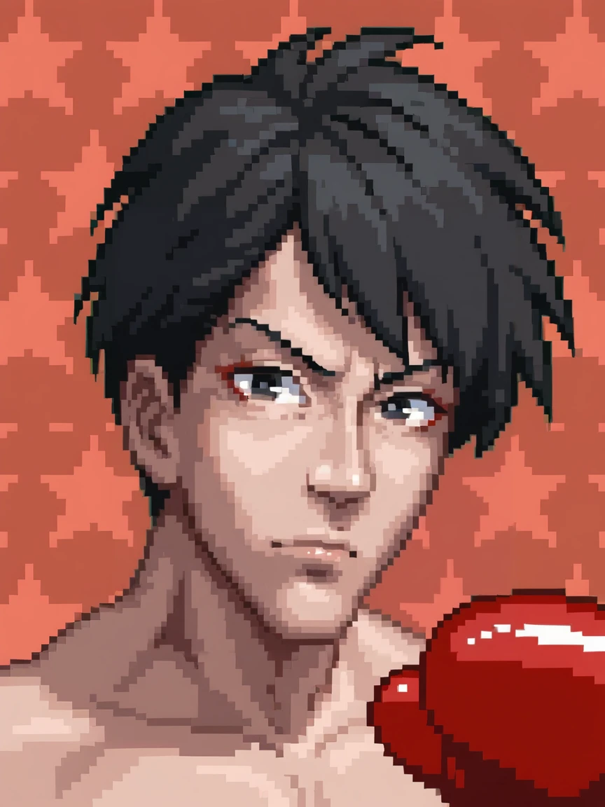 <lora:PonyXL_-_SNES_Super_Punch_Out_Portraits:0.75> super_punch_out_portrait, star_patterned_background, boxing glove, red boxing gloves, 1boy, Chinese, short hair, black hair, Asian