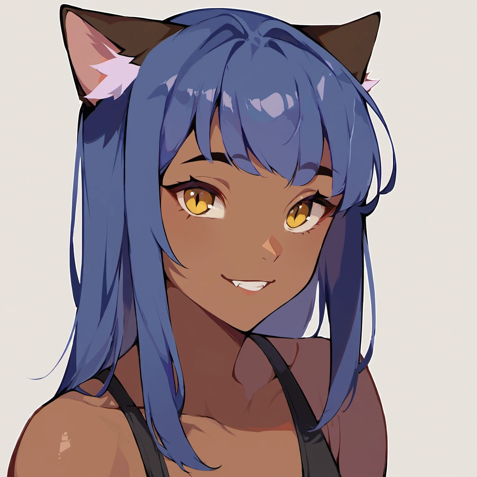 ((Masterpiece)), ((Best Quality)), Illustration, One Girl, Hair color, Bangs, Hairstyle Fax, Portrait from waist up, Paleo, Women, Cat ears, Long dark light blue hair, Single braid, Dull bangs, big smile, Smile showing teeth, bikini, tropical sand, Focus on eyes, Selfie