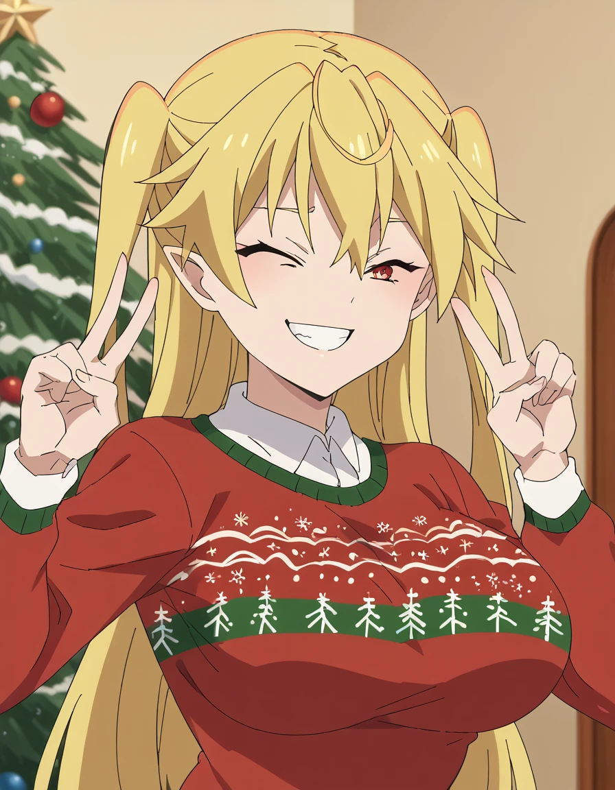 score_9, score_8_up, score_7_up, source_anime, <lora:hizuki-reynard-yamada-s1-ponyxl-lora-nochekaiser:1>, hizuki reynard-yamada, long hair, blonde hair, red eyes, yellow eyes, two side up, heterochromia, large breasts, anime screencap,, <lora:christmas-sweater-ponyxl-lora-nochekaiser:1>, christmas sweater, christmas, ugly sweater, print sweater, red sweater, christmas tree, christmas ornaments, sweater, multicolored sweater, , v, smile, hands up, teeth, closed eyes, cowboy shot,, , dutch angle, cowboy shot