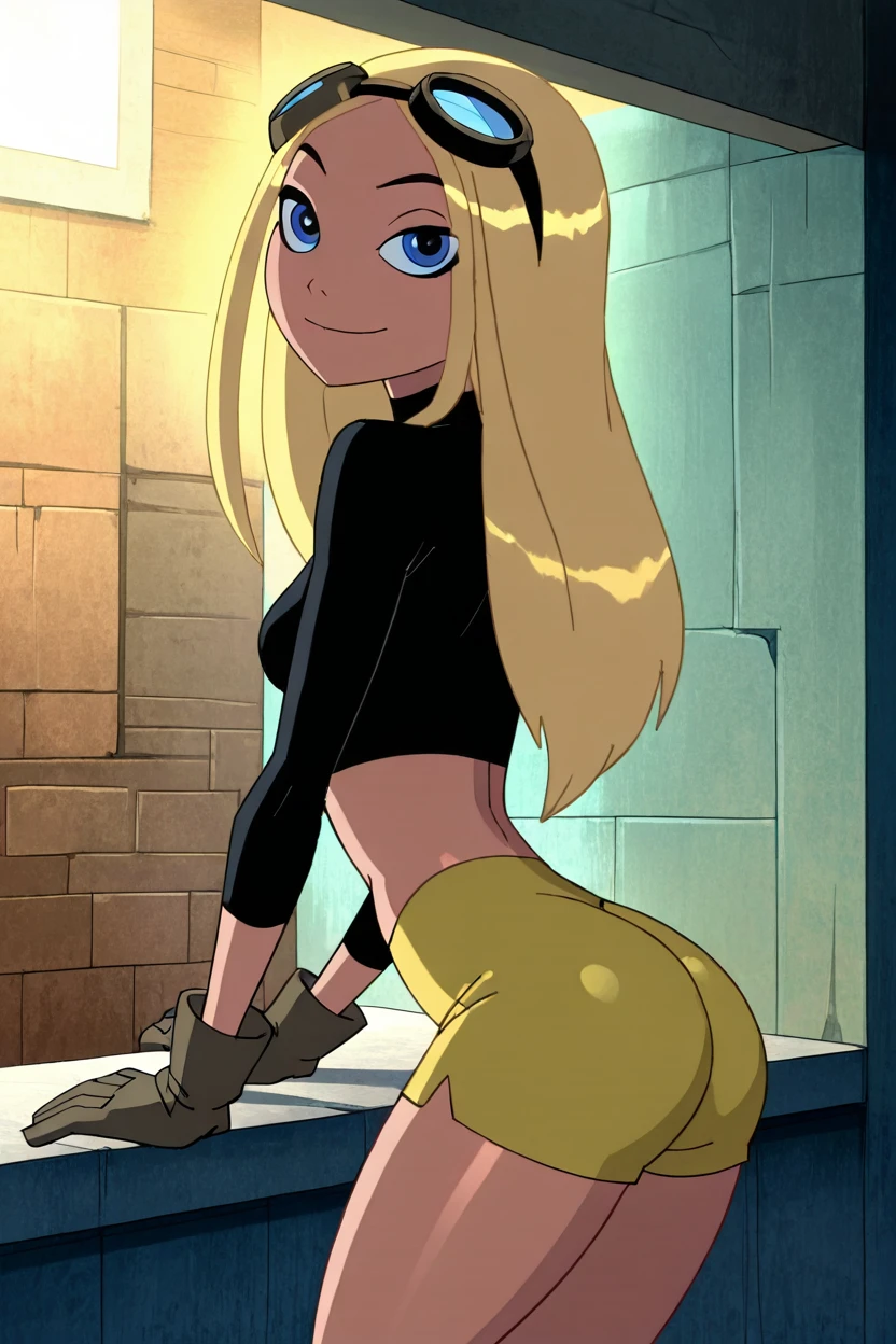 masterpiece, best quality, solo, curvy, beautiful eyes,zzTerra, blue eyes, blonde hair, long hair,  gloves, goggles, yellow shorts, black shirt, midriff,   <lora:TerraTitansIXL:1.0>, side view, ass, leaning forward, cowboy shot, smile, looking at viewer, shiny skin,