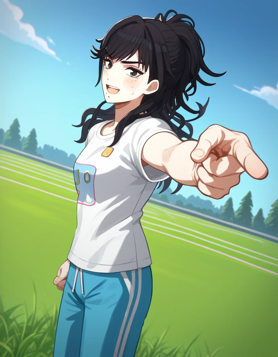 score_9, score_8_up, score_7_up, source_anime, <lora:hiori-kazano-s2-ponyxl-lora-nochekaiser:1>, hiori kazano, long hair, bangs, black hair, black eyes, ponytail, mole, mole under mouth,, shirt, white shirt, short sleeves, pants, t-shirt, blue pants, track pants, sweatpants,, plain, grass, open, vast, sky, smile, <lora:jotaro-kujo-pose-ponyxl-lora-nochekaiser:1>, jotaro kujo pose, kujo jotaro's pose (jojo), jojo pose, pointing, pointing at viewer, blush, open mouth, bed room,, cowboy shot, looking at viewer, solo,, dutch angle, cowboy shot