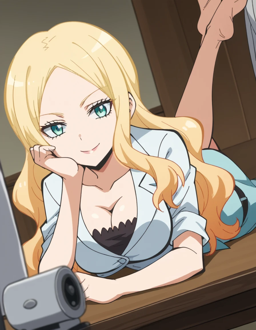 score_9, score_8_up, score_7_up, source_anime, <lora:irina-jelavic-s1s2-ponyxl-lora-nochekaiser:1>, irina jelavic, long hair, blonde hair, large breasts, anime screencap,, skirt, shirt, cleavage, miniskirt, formal, suit,, staff room, table, chairs, coffee machine, relaxation, smile, <lora:the-pose-ponyxl-lora-nochekaiser:1>, the pose, on stomach, feet up, lying, soles, feet, legs up, head rest, barefoot, looking at viewer, solo,, dutch angle, cowboy shot