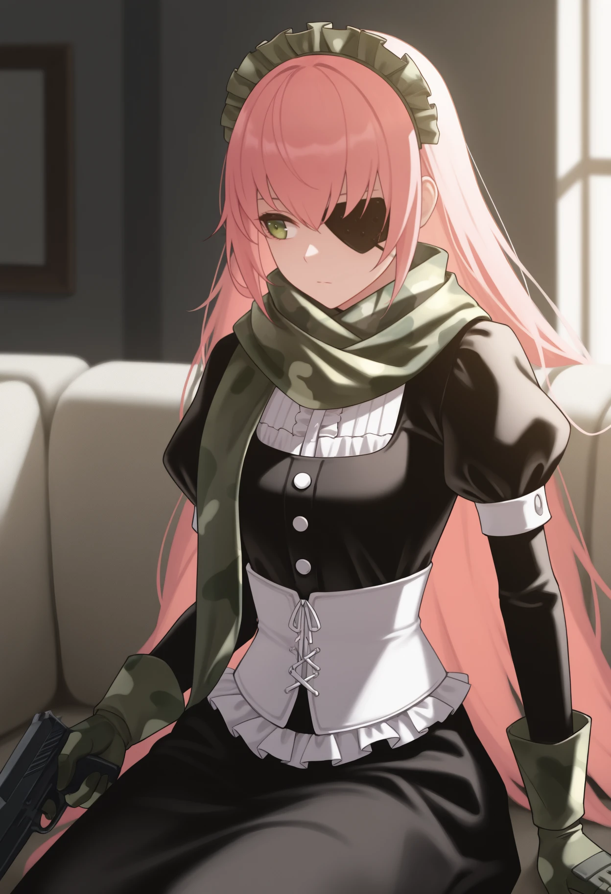 masterpiece, best quality, solo, 1girl, czdlt, expressionless, looking to the side, sitting, on couch, holding gun, handgun, pink hair, maid headdress, green eyes, eyepatch, frills, black dress, juliet sleeves, green gloves, white corset, green scarf, camouflage, indoors, living room
<segment:yolo-face_yolov8m.pt,0.4,0.5//cid=1>