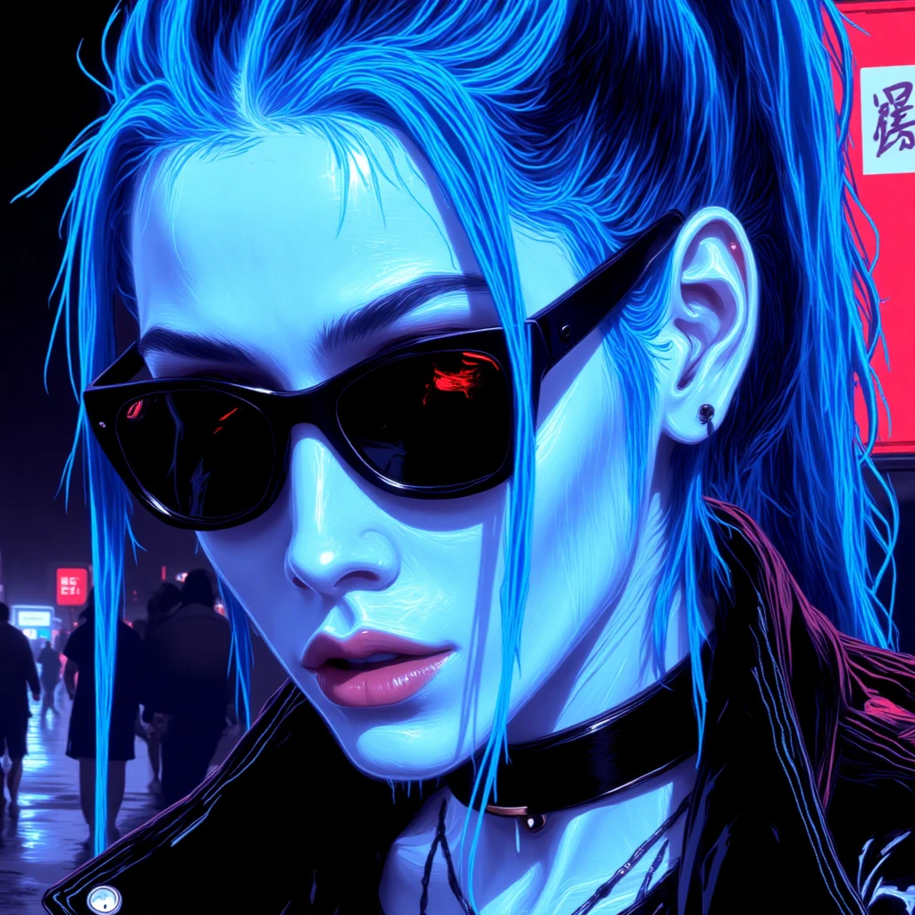 djm23 color tone style, A digital art painting of a woman with blue hair and a white face. She is wearing a pair of black sunglasses with tinted red tinted lenses. Her hair is pulled back in a ponytail and she's wearing a black leather jacket