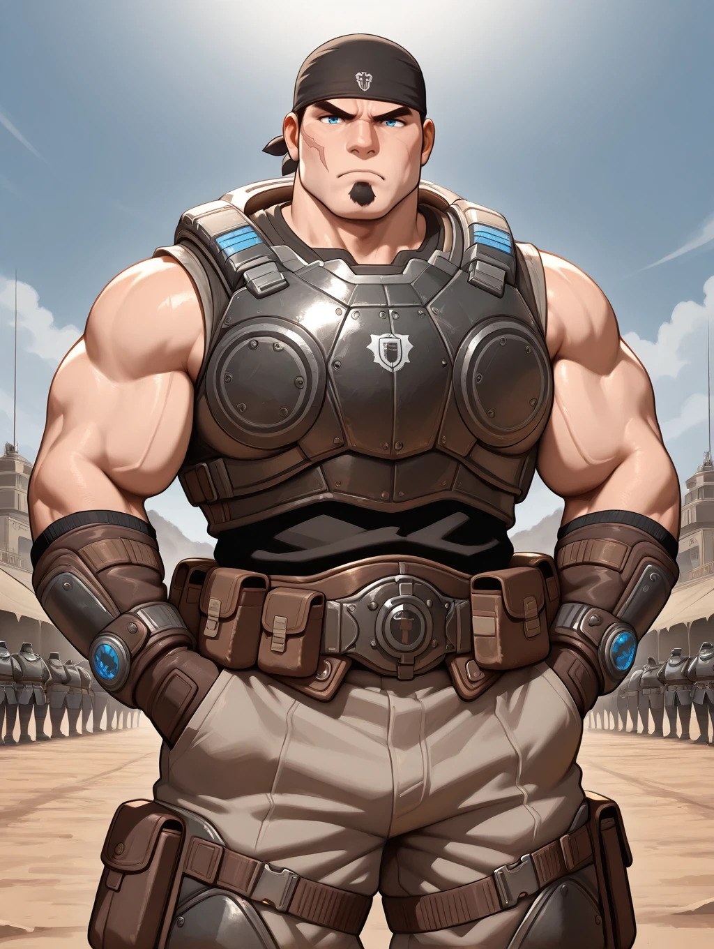 <lora:OG_Marcus_Fenix_IL:0.97> ogmarcusfenix, black bandana, sleeveless armor, muscular, bara, chubby, goatee, scar on face, blue eyes, cowboy shot, frown, looking at viewer, gloves, army base, hands in pocket, masterpiece, best quality