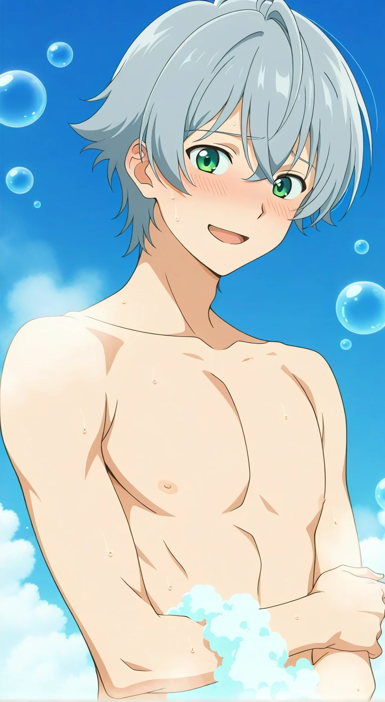 very thin cute boy  in very short white swimming trunks, shy. and dark green eyes, lying on his stomach, back view