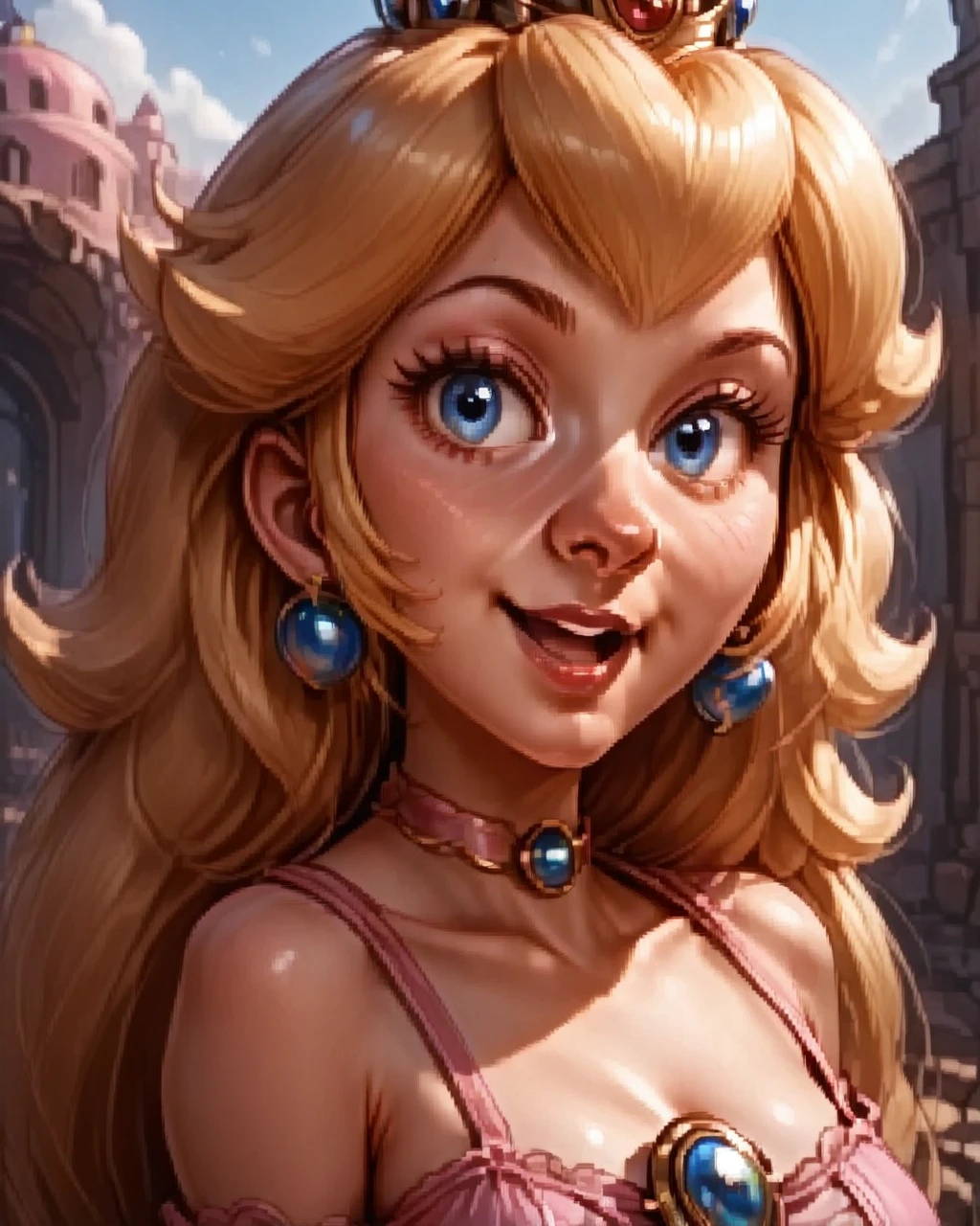 <lora:Illustrious_-_Baldurs_Gate_I_-_Portraits_-_1998:1.0> baldur's gate official portrait, character, solo,  <lora:Princess_Peach_Shiny_Style_V2:1> 1girl, solo, jewelry, earrings ,blue eyes, long hair, breasts, very long hair, big hair, choker, pink dress, medium breasts, bare shoulders, :d, outdoors, smile, open mouth,  princess peach,