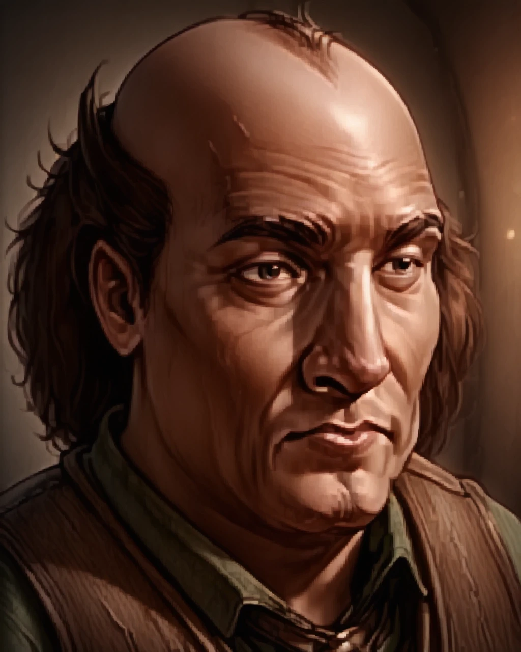 <lora:Illustrious_-_Baldurs_Gate_I_-_Portraits_-_1998:1.0> baldur's gate official portrait, character, solo,  <lora:jay-v1:1.25> tcjaysher, 1boy, green shirt, brown vest, balding,