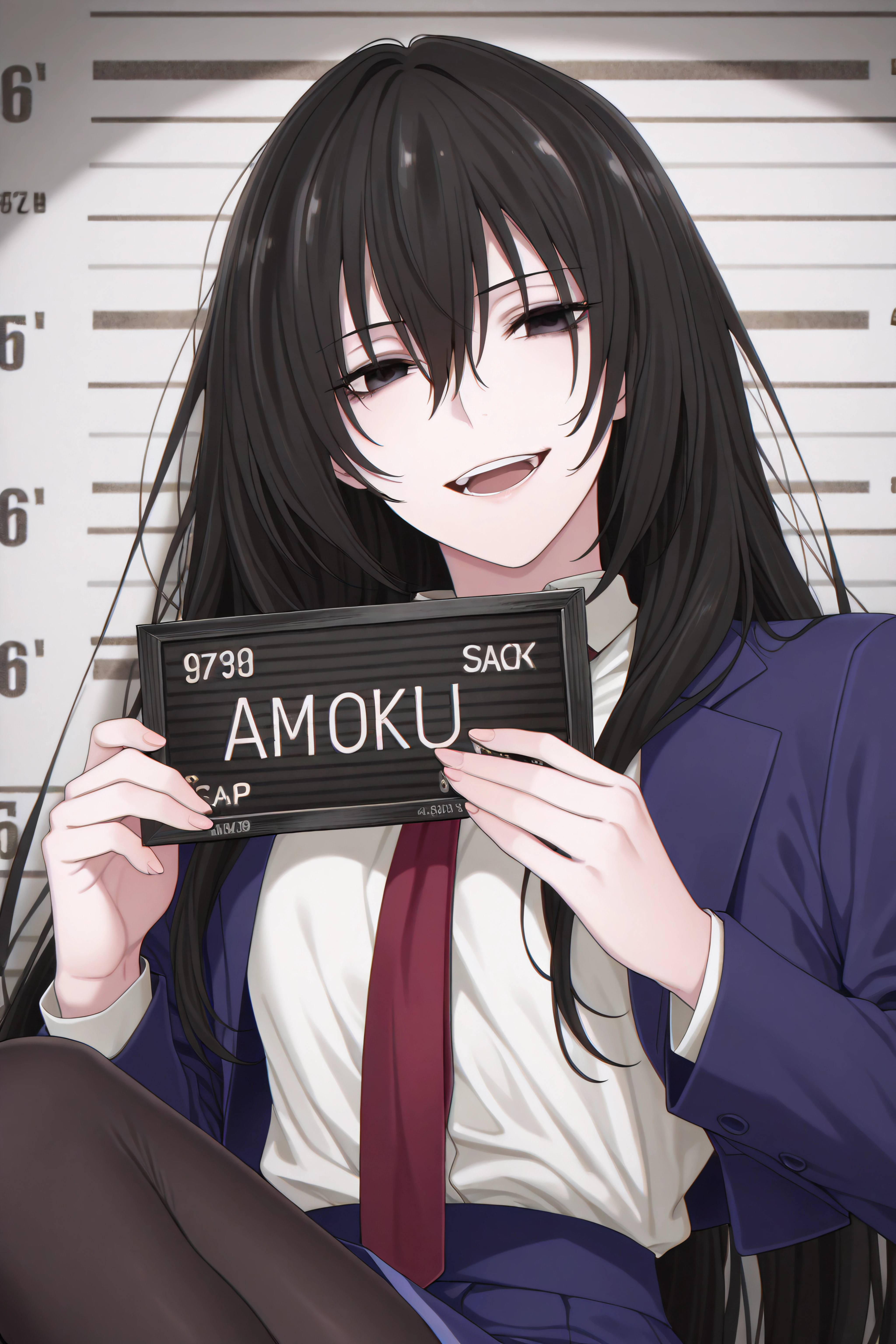 masterpiece, best quality, <lora:Kirukiru Amou-Illustrious-lora-Faxtron:1> kirukiru amou, black eyes, black hair, very long hair, cropped blue blazer, white shirt, red necktie, blue skirt, black pantyhose, 
 <lora:ken-mugshot-ponyxl-lora-nochekaiser:1> barbie mugshot, barbie mugshot (meme) height mark, holding sign, nameplate, height chart, sign, meme, smile, open mouth, teeth,