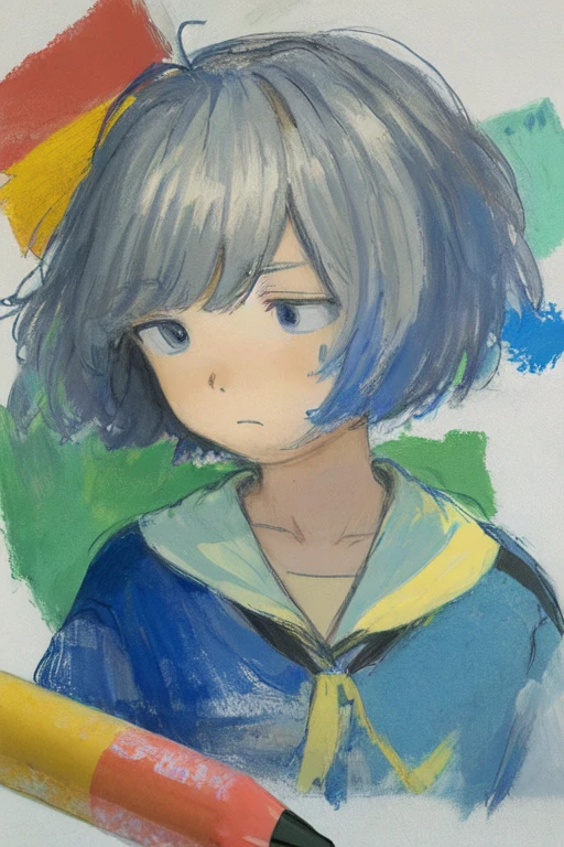 crayon style, rough art, anime girl, sad