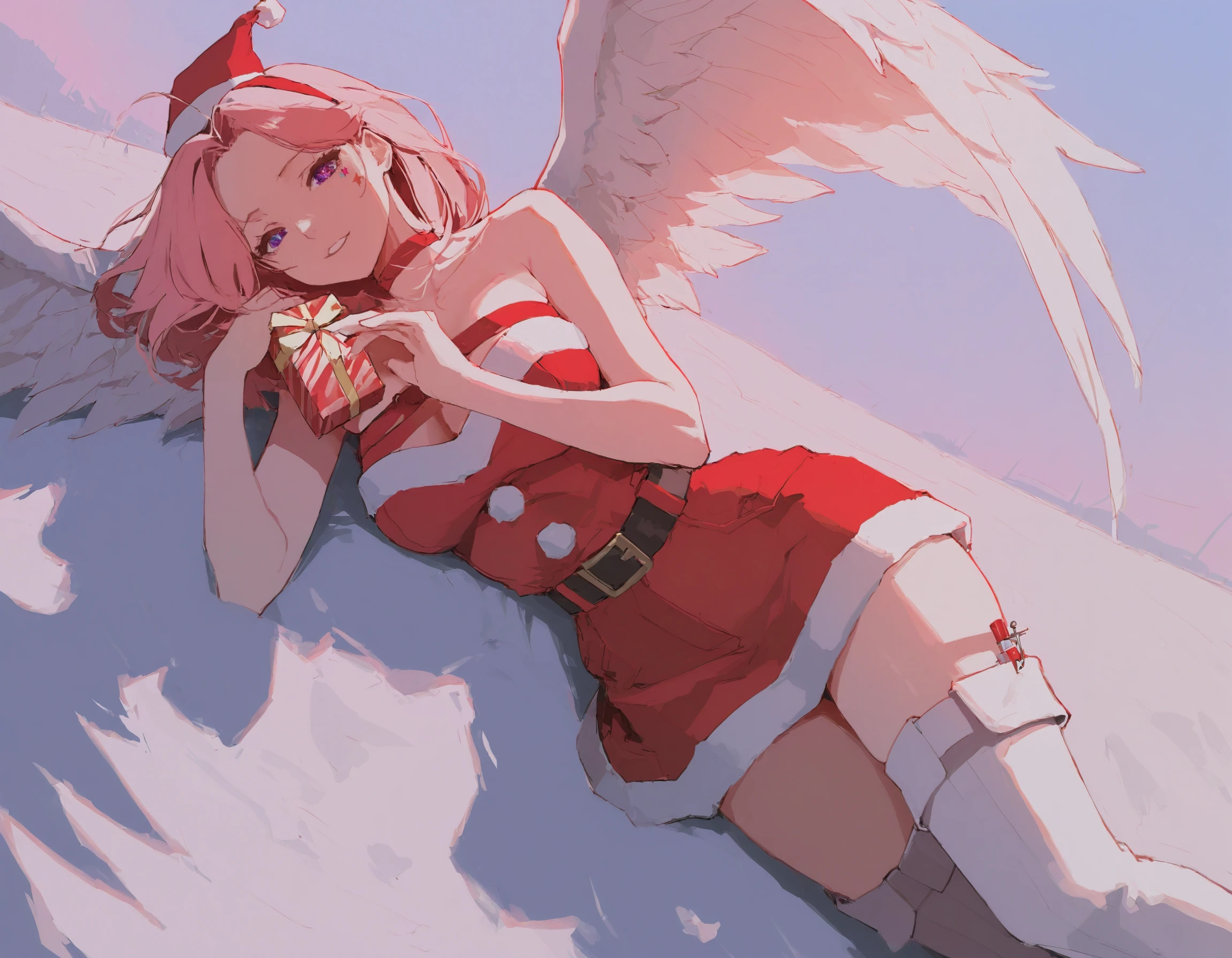 masterpiece, best quality, newest, absurdres, highres, 69yottea_style_illu, gobo lighting, shadows, dappled sunlight, shadow, 
injection_fairy_lily, 1girl, pink_hair, medium_breasts, angel_wings, mini_santa_hat, thighhigh_boots, red_and_white_outfit, pastel_sky, holding_gift, afternoon, golden_hour, santa_dress, naked_ribbon, seductive_smile,