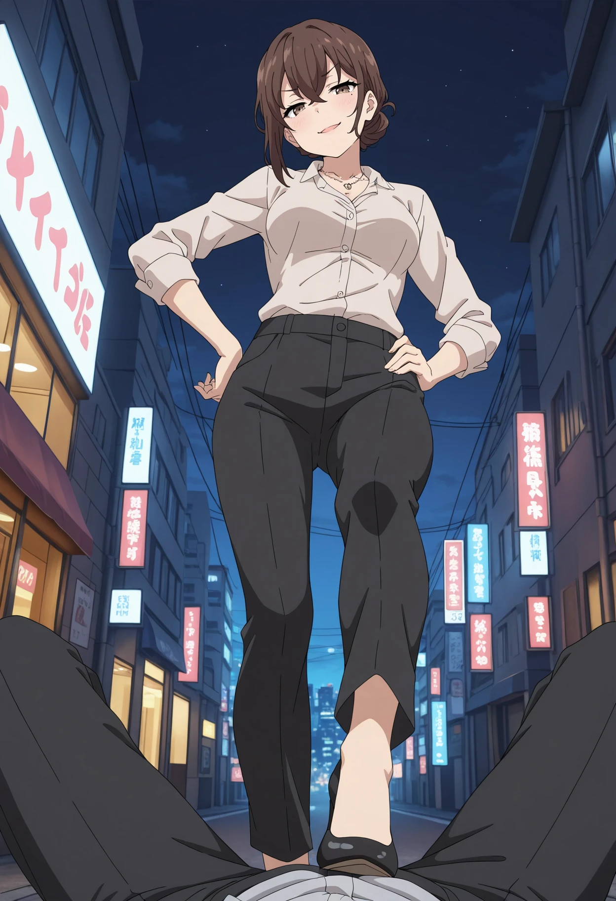 masterpiece, best quality, amazing quality, <BREAK> 1girl, solo,
<lora:Fumika_Nanjou_Bunny_Senpai_IL_V1:1>, KJOfumika, brown hair, brown eyes, hair between eyes, single mole under eye, low hair bun, pink lips, 
necklace, dress shirt, black pants, black high heels, 
from below, stepped on, POV, smug, hand on own hip, head tilt, blush,
outdoors, city, street, night, 
(Beautiful, medium Breasts:1.2),