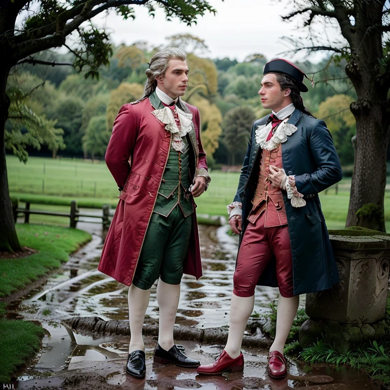 <lora:18th_Century_man_V0-000018:0.7> w16hsl1ps, 2boys, 2men,  professional photograph, 4K, 18th century clothes, historical wig, grey hair, rainy field, mud, trees, dramatic lighting, ultra realistic photograph, professional art, by Gucci photographer, medium shot, full body shot, pink lips, (red open coat, dark blue waistcoat, uniform), (from front:1.1), (breaches), white stockings, shoes, (polytail with black ribbon:0.5)