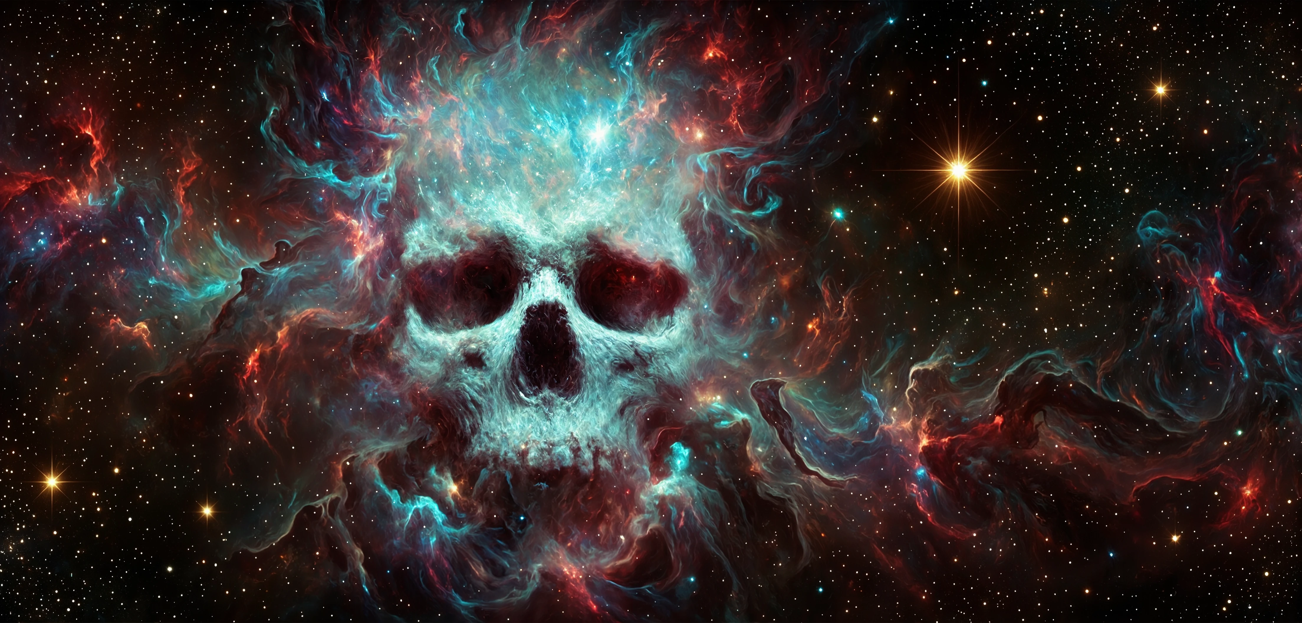 GLCTCSTL a skull in the center of a nebula, surrounded by stars in the background. The skull is animated, giving the impression of movement and life.