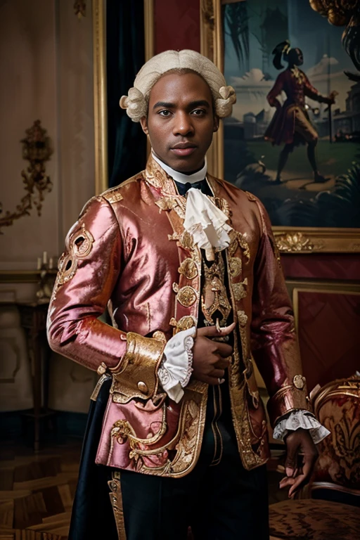 <lora:18th_Century_man_V0-000018:0.7> w16hsl1ps, 1boy, 1man, (african, black skin), professional photograph, 4K, 18th century clothes, breeches, historical wig, white hair, (ornate background, gold palace interior:1), dramatic lighting, ultra realistic photograph, professional art, magazine advert, (from waist up),ponytail with black ribbon,