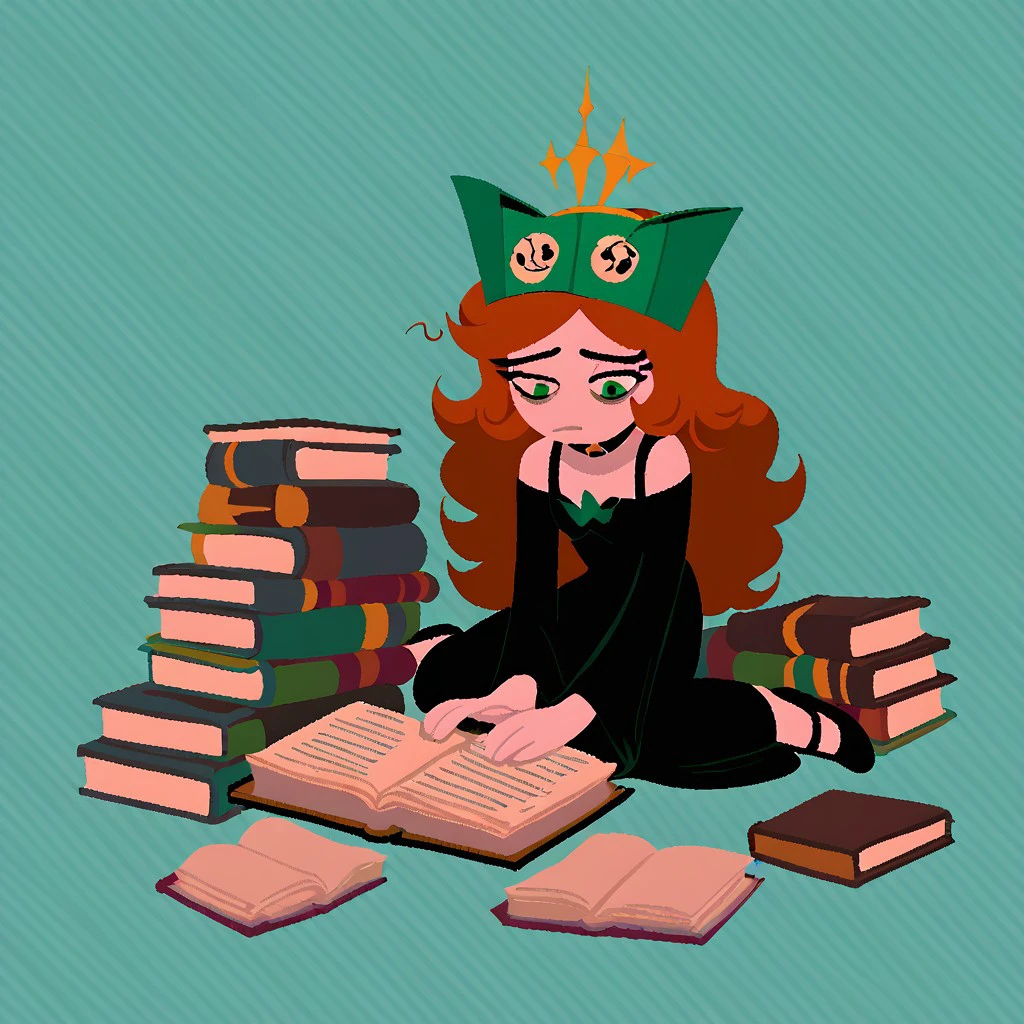 (masterpiece), best quality, expressive eyes, perfect face, score_9, score_8_up, score_7_up, 1girl, brown hair, tired face, sad emote, green eyes, sitting on floor, plain background, books, stacks of books, medium long hair, full body, open book, holding book, holding, book on head, teen, looking in book, black dress, vast_error_style, <lora:ca3042dd-12e2-46ee-8396-c898136beea0:1.0>